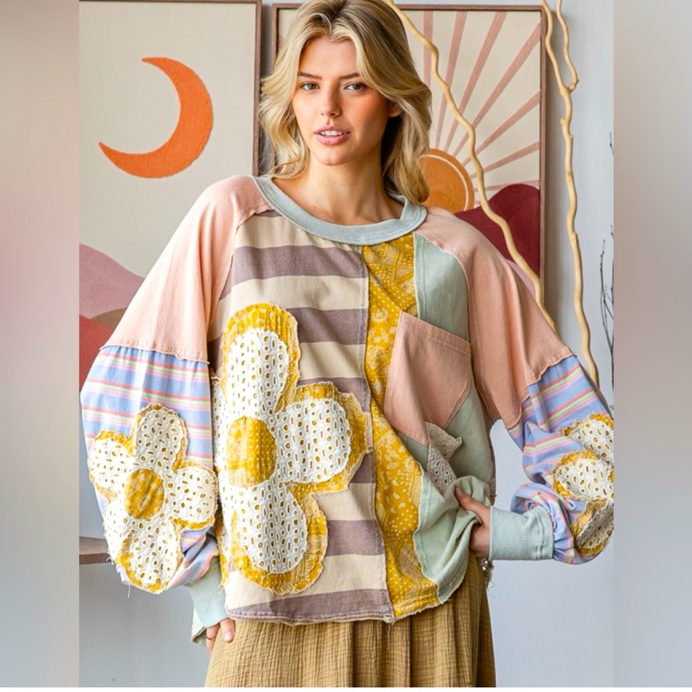 Boho Patchwork Floral Applique Long-Sleeve Top - Pink & Yellow